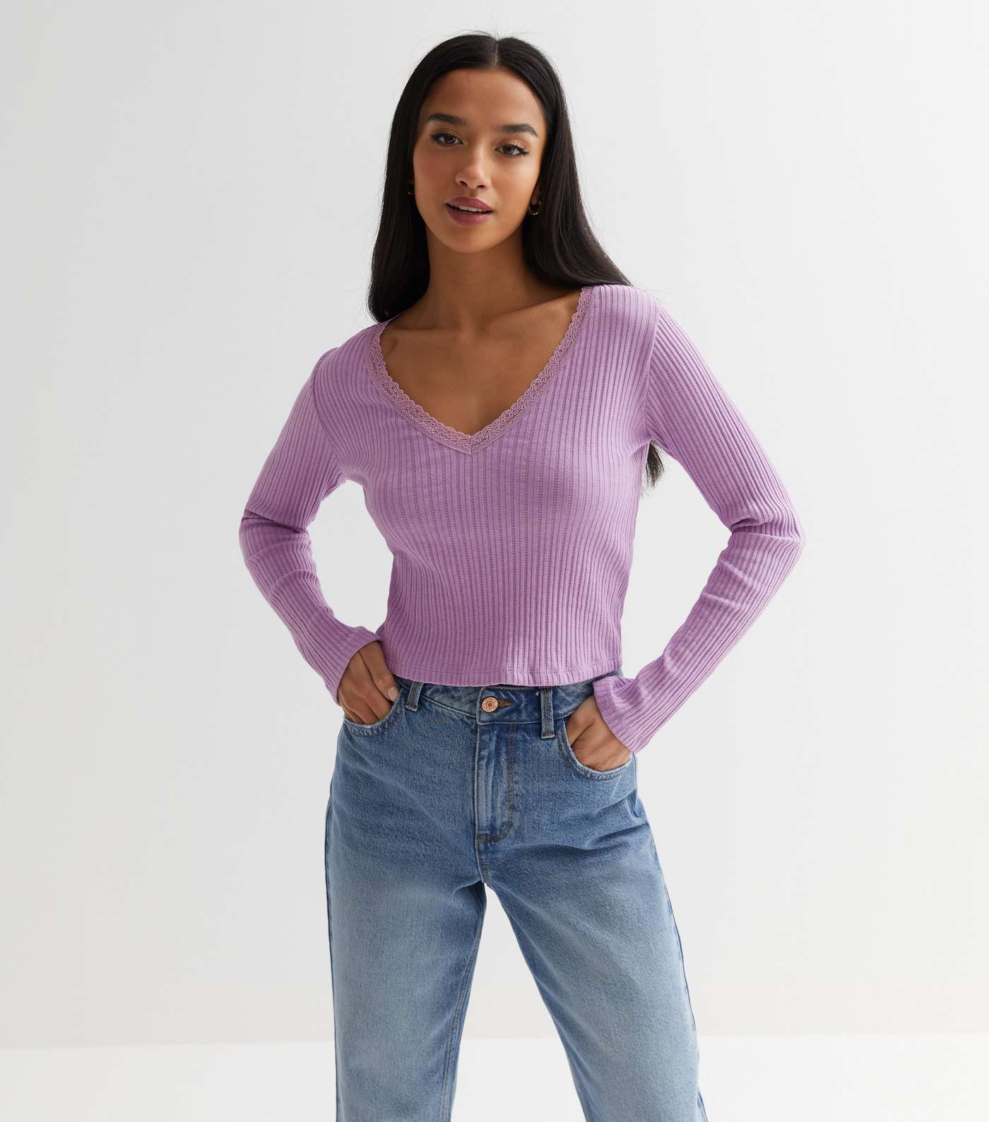Lilac Ribbed Jersey Lace Trim V Neck Top Image 2