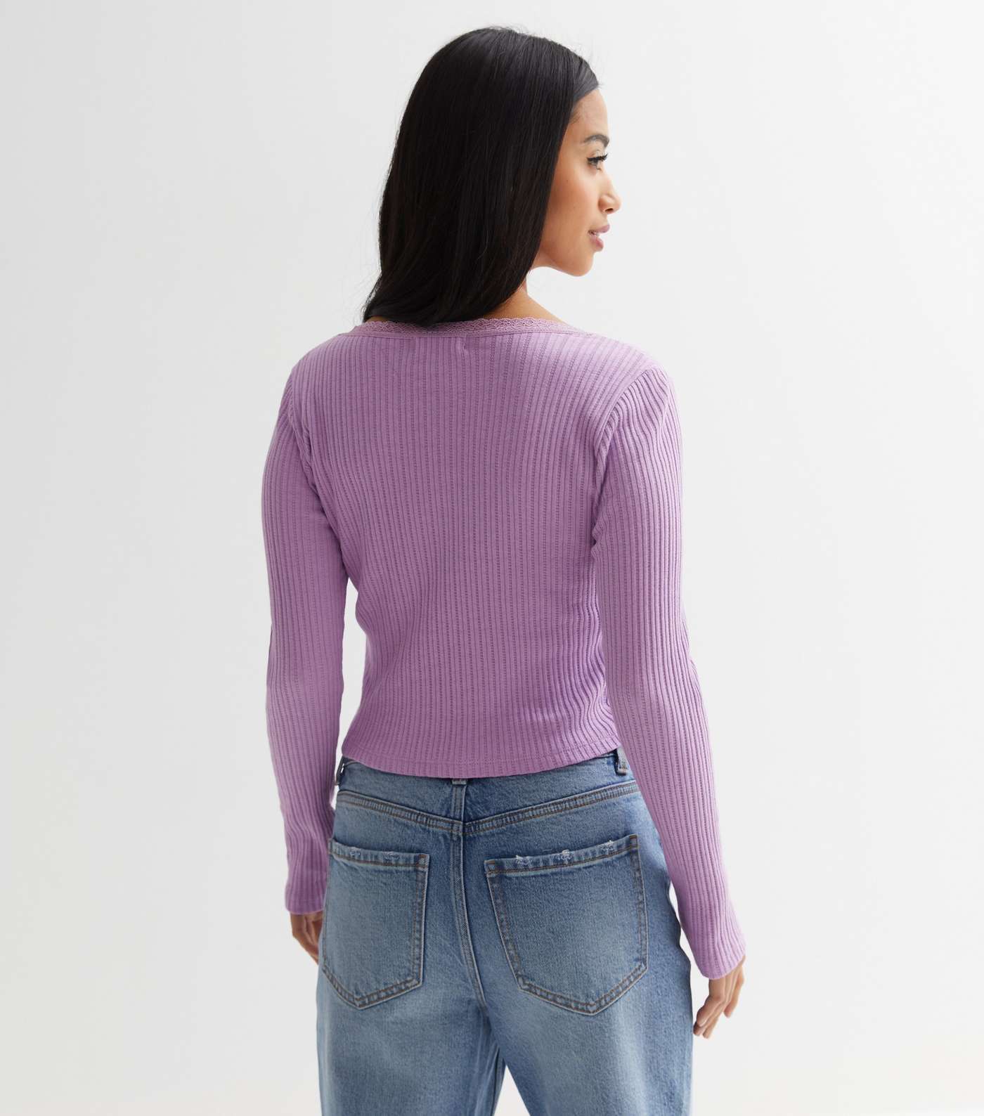 Lilac Ribbed Jersey Lace Trim V Neck Top Image 4