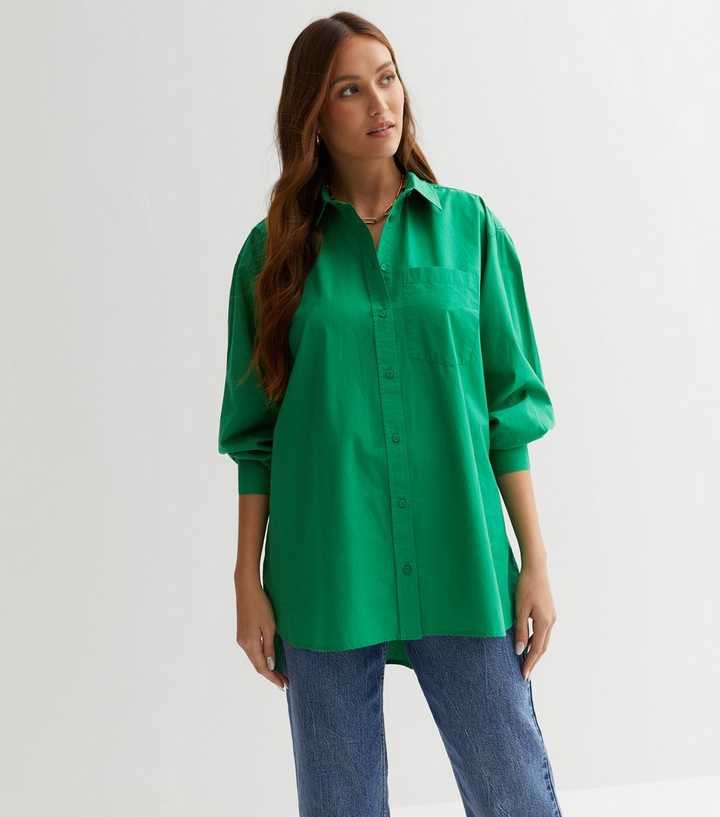 Green Poplin Long Sleeve Oversized Shirt