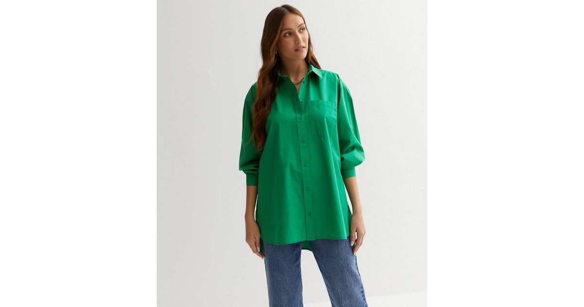 Green Poplin Long Sleeve Oversized Shirt | New Look