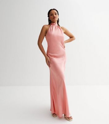 Petite Pink Satin Ruched Halter Maxi Dress New Look