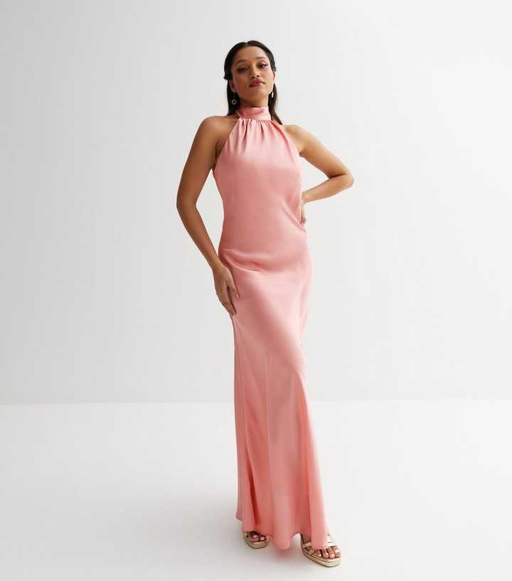 Petite Pink Satin Ruched Halter Maxi Dress | New Look