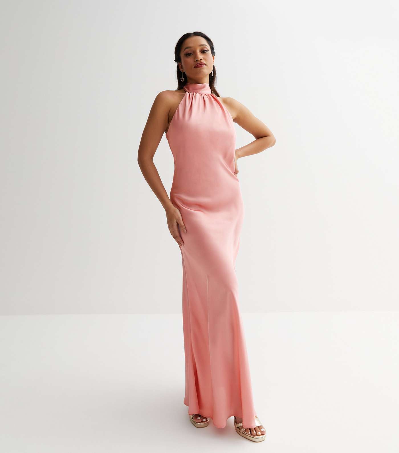 Petite Pink Satin Ruched Halter Maxi Dress Image 2