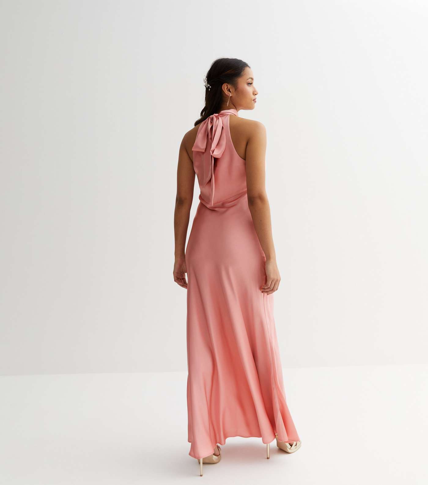 Petite Pink Satin Ruched Halter Maxi Dress Image 4