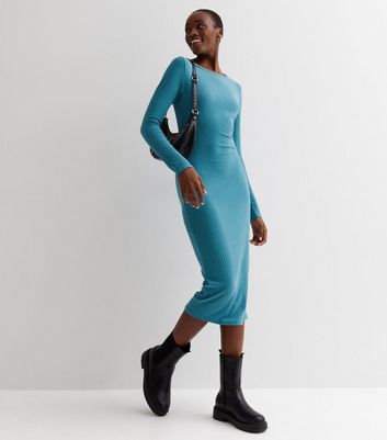 Tall Bright Blue Ribbed Knit Long Sleeve Tie Back Midi Dress | New Look