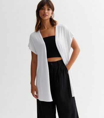 White Fine Knit Short Sleeve Long Cardigan | New Look