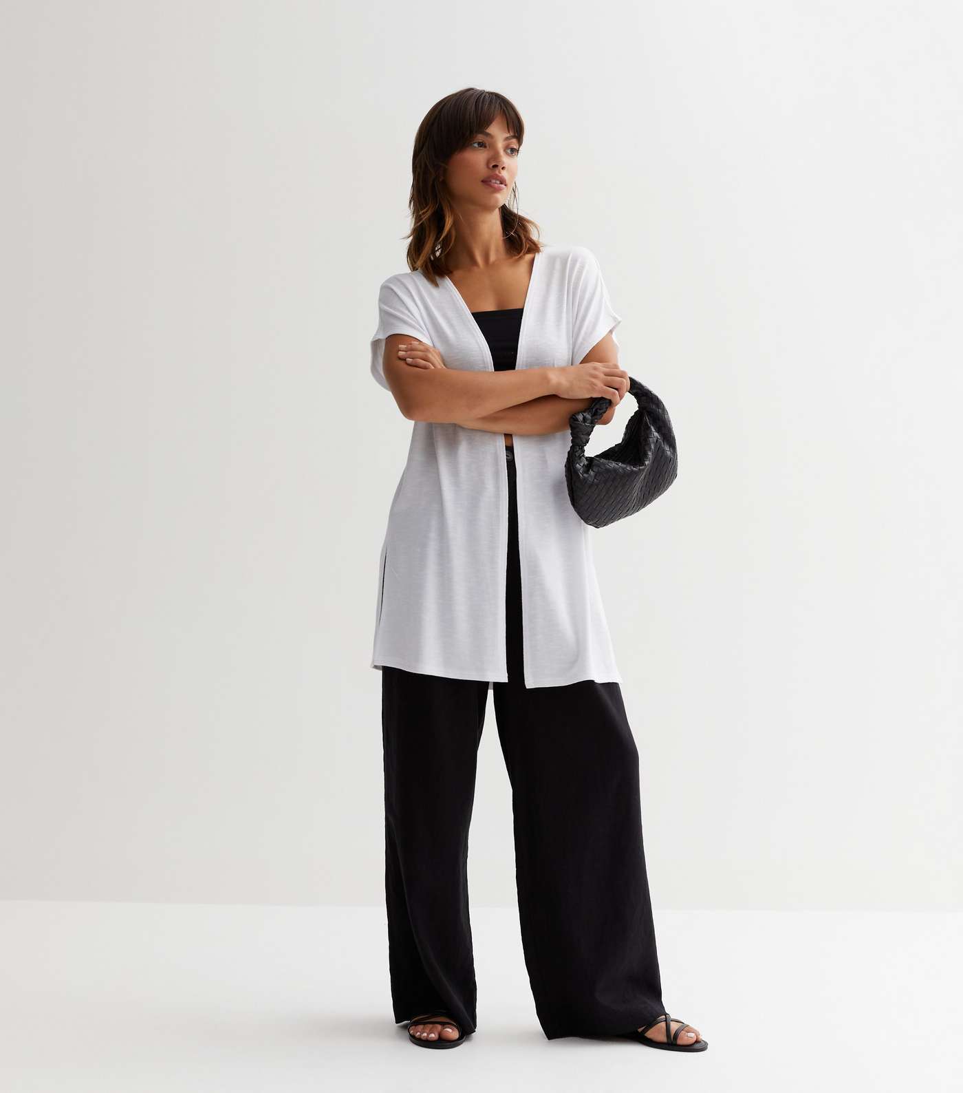 White Fine Knit Short Sleeve Long Cardigan Image 3