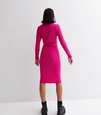 Sunshine Soul Bright Pink Ribbed Knit Belted Midi Polo Dress New Look