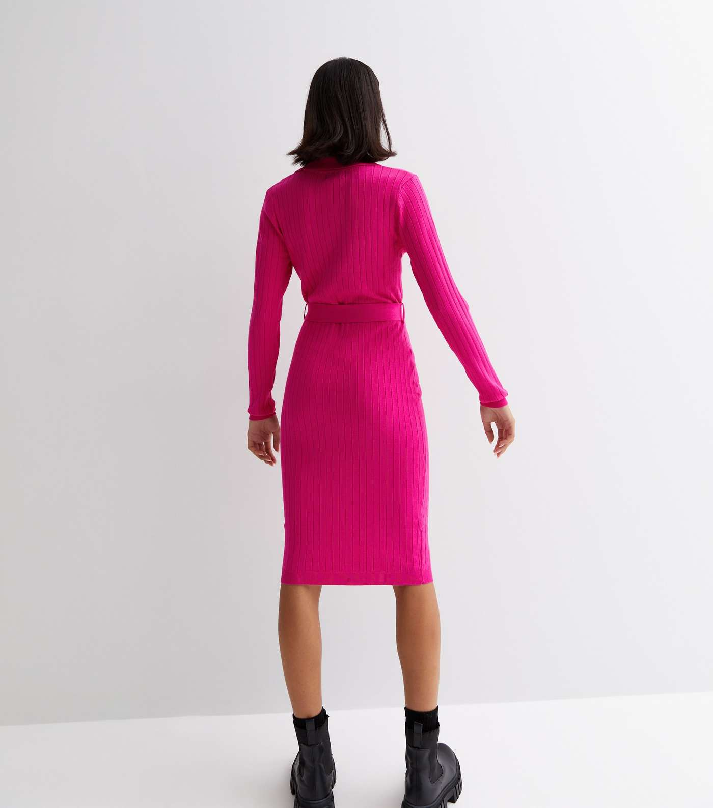 Sunshine Soul Bright Pink Ribbed Knit Belted Midi Polo Dress Image 4