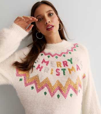 Sunshine Soul White Fluffy Knit Sequin Embellished Merry Christmas Jumper
