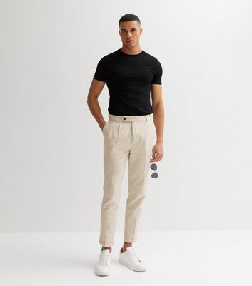 Beige Tapered Striped Mens Linen Trousers Pants Relaxed Fit - Cholp