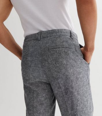 blue linen blend double pleated slim fit trousers