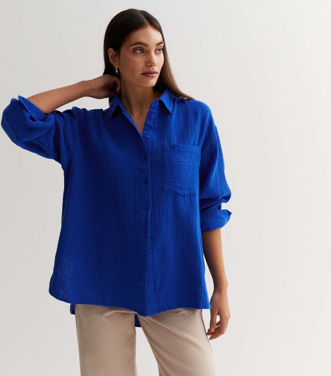 Bright Blue Cheesecloth Dip Hem Oversized Shirt