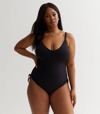 Curves Black Strappy Ruched Side Multiway Swimsuit New Look