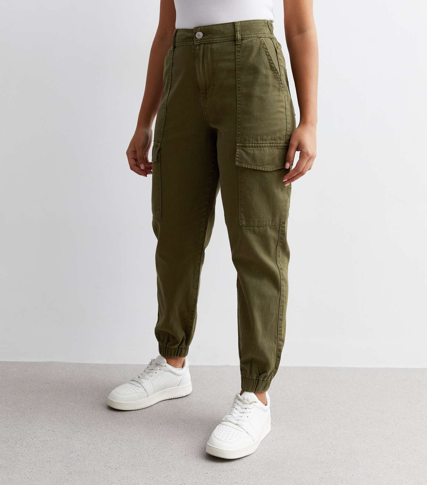 Petite Khaki Cotton High Waist Cuffed Cargo Trousers Image 3