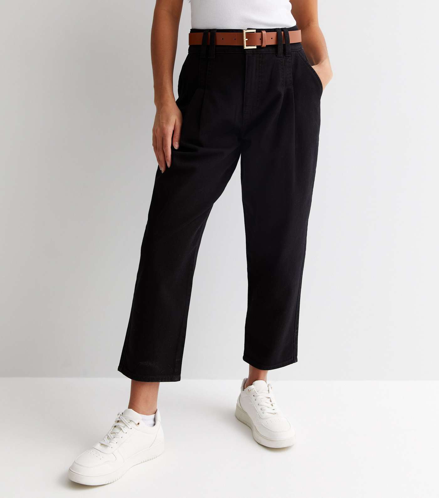 Petite Black Cotton Denim Belted Crop Trousers Image 2
