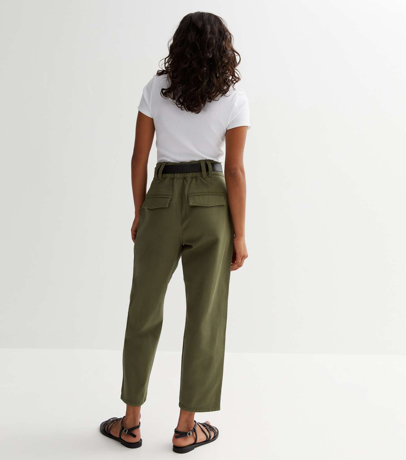 Petite Khaki Cotton Belted Crop Trousers Image 3