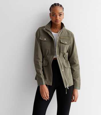 Tall Khaki Cotton High Neck Four Pocket Shacket