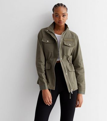 Tall Khaki Cotton High Neck Four Pocket Shacket