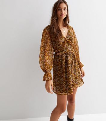 Influence Brown Floral Ruffle V Neck Long Puff Sleeve Mini Dress | New Look