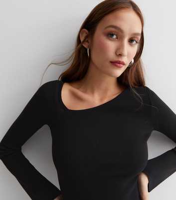 Black Ribbed Knit Asymmetric Neck Jumper