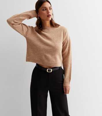 Camel Fine Knit Crew Neck Long Sleeve Crop Jumper
