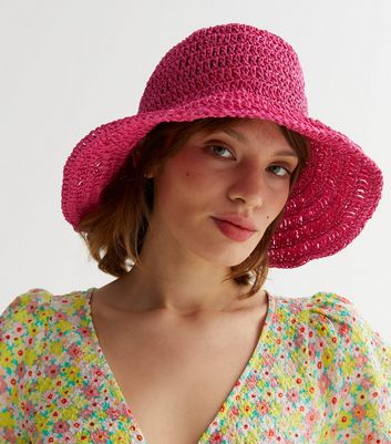 Bright Pink Straw Effect Crochet Bucket Hat New Look
