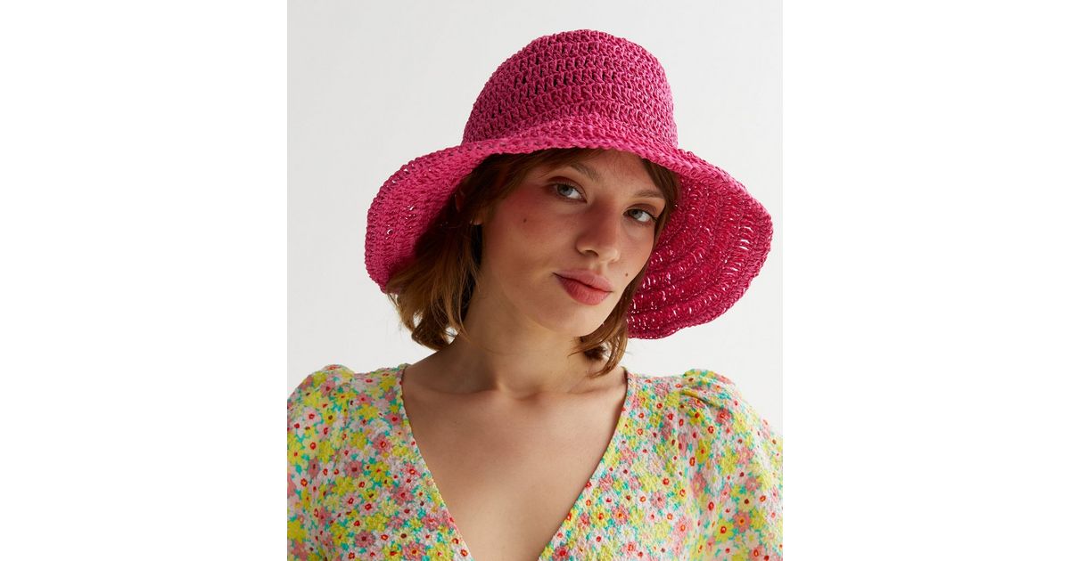 Bright Pink Straw Effect Crochet Bucket Hat New Look