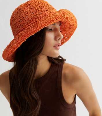Bright Orange Straw Effect Crochet Bucket Hat