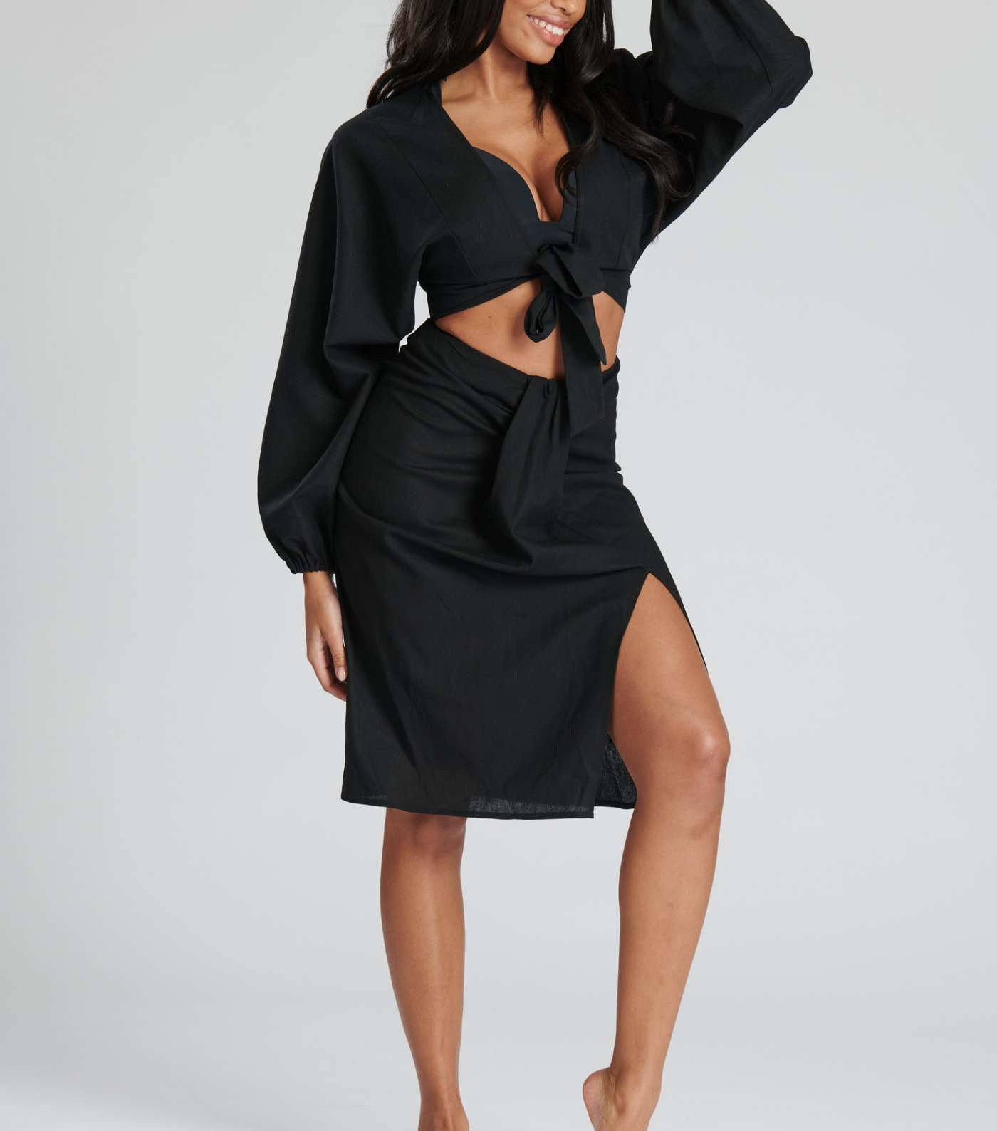 South Beach Black Linen-Look Knot Midi Skirt Image 2