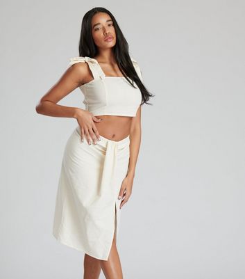 South Beach Cream Linen-Look Knot Midi Skirt