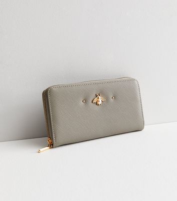 Grey Leather Look Bee Stud Midi Purse New Look