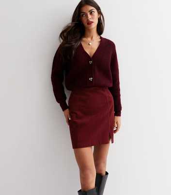 Burgundy Cord Split Hem Mini Skirt