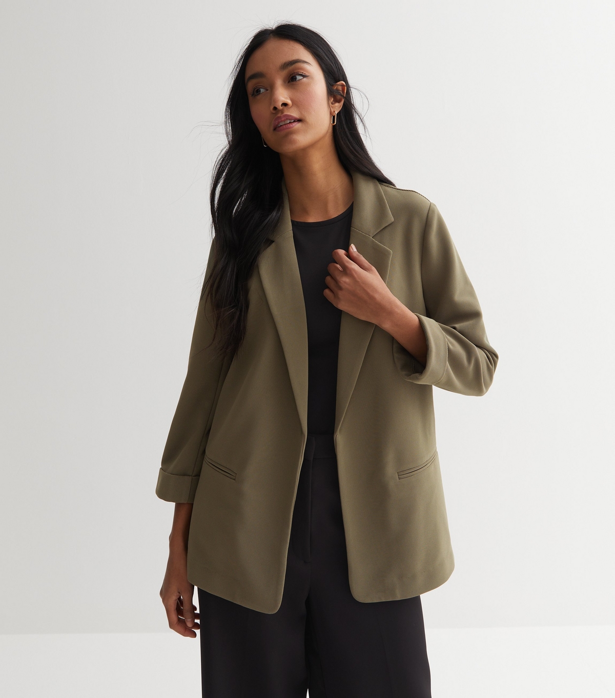 Women's Khaki Revere Collar 3/4 Sleeve Blazer New Look