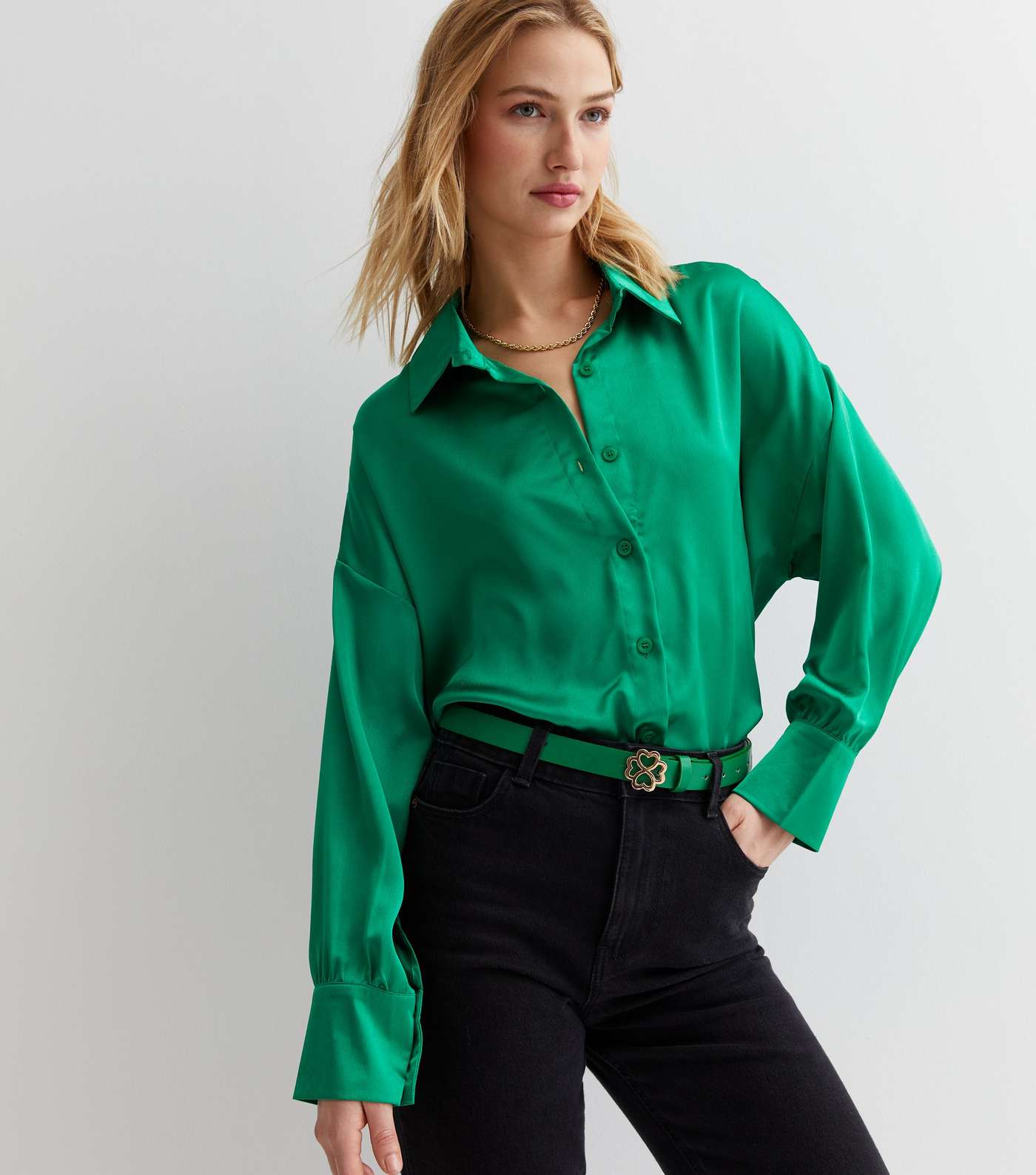 Green Leather-Look Clover Buckle Belt Image 2