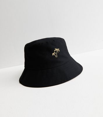 Black Embroidered Palm Tree Bucket Hat New Look