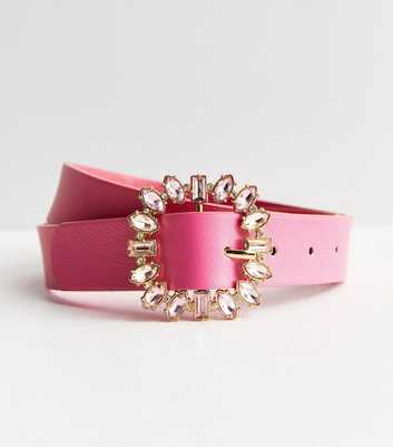 Bright Pink Leather-Look Diamanté Buckle Belt