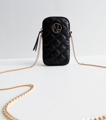 Black Quilted Leather-Look Cross Body Phone Bag