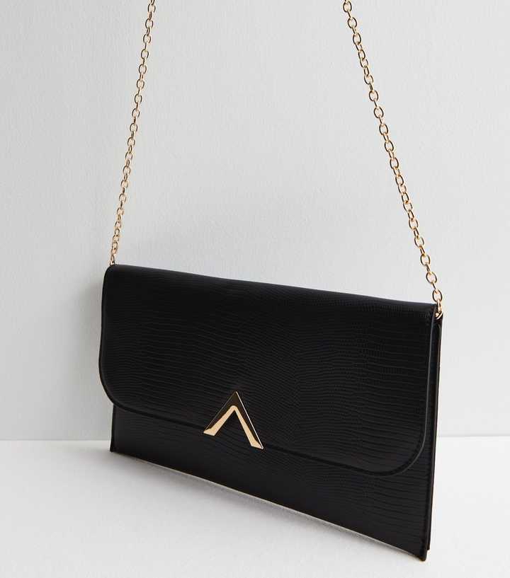 Black Leather-Look Chain Strap Clutch Bag