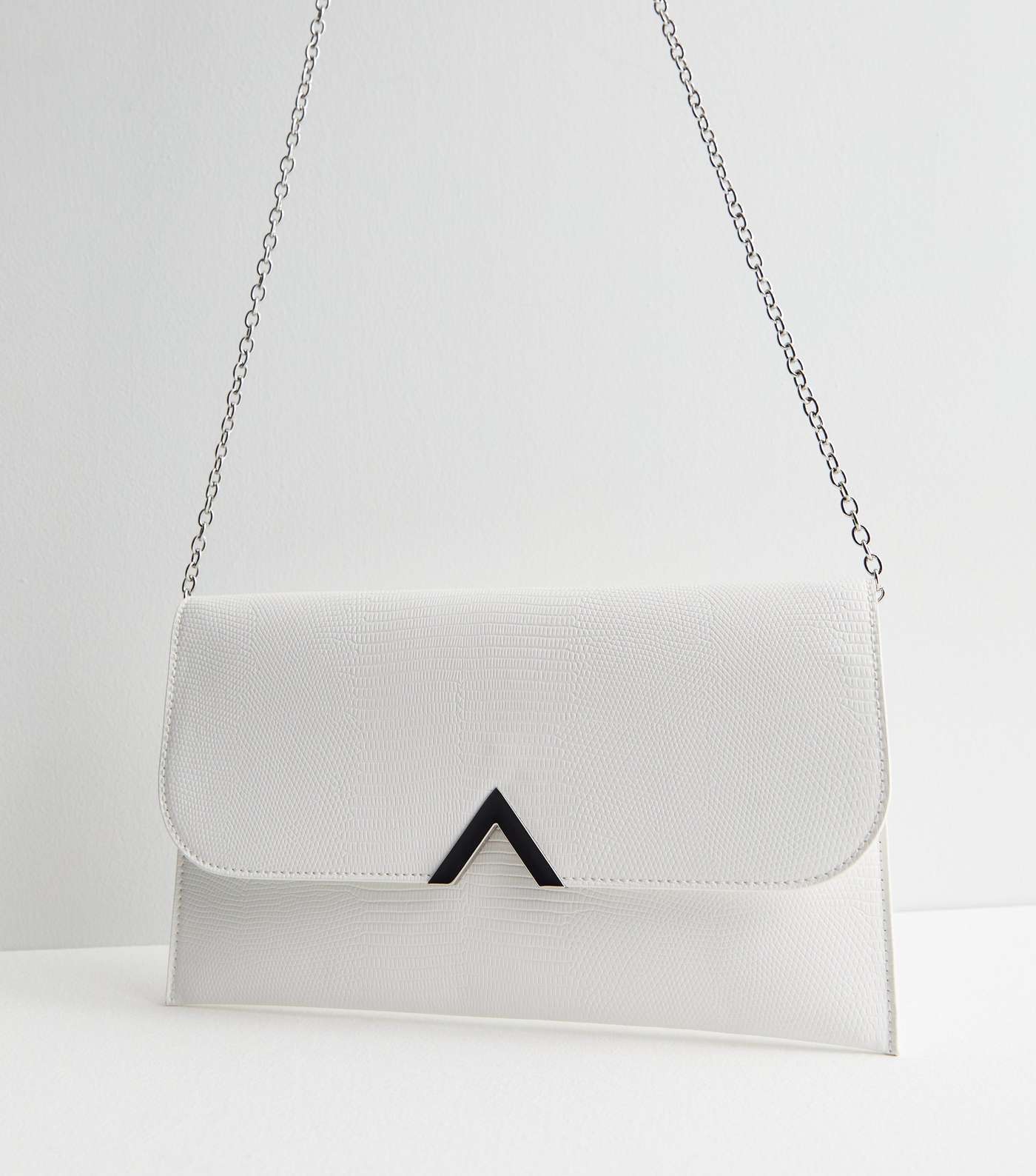 White Leather-Look Chain Strap Clutch Bag Image 3