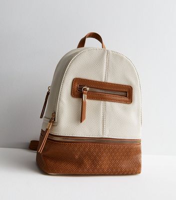 Cream Leather-Look Double Zip Backpack