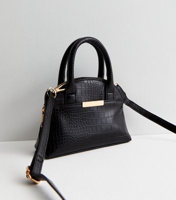 Black Faux Croc Cross Body Bowler Bag New Look