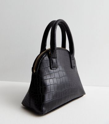 Black Faux Croc Cross Body Bowler Bag New Look