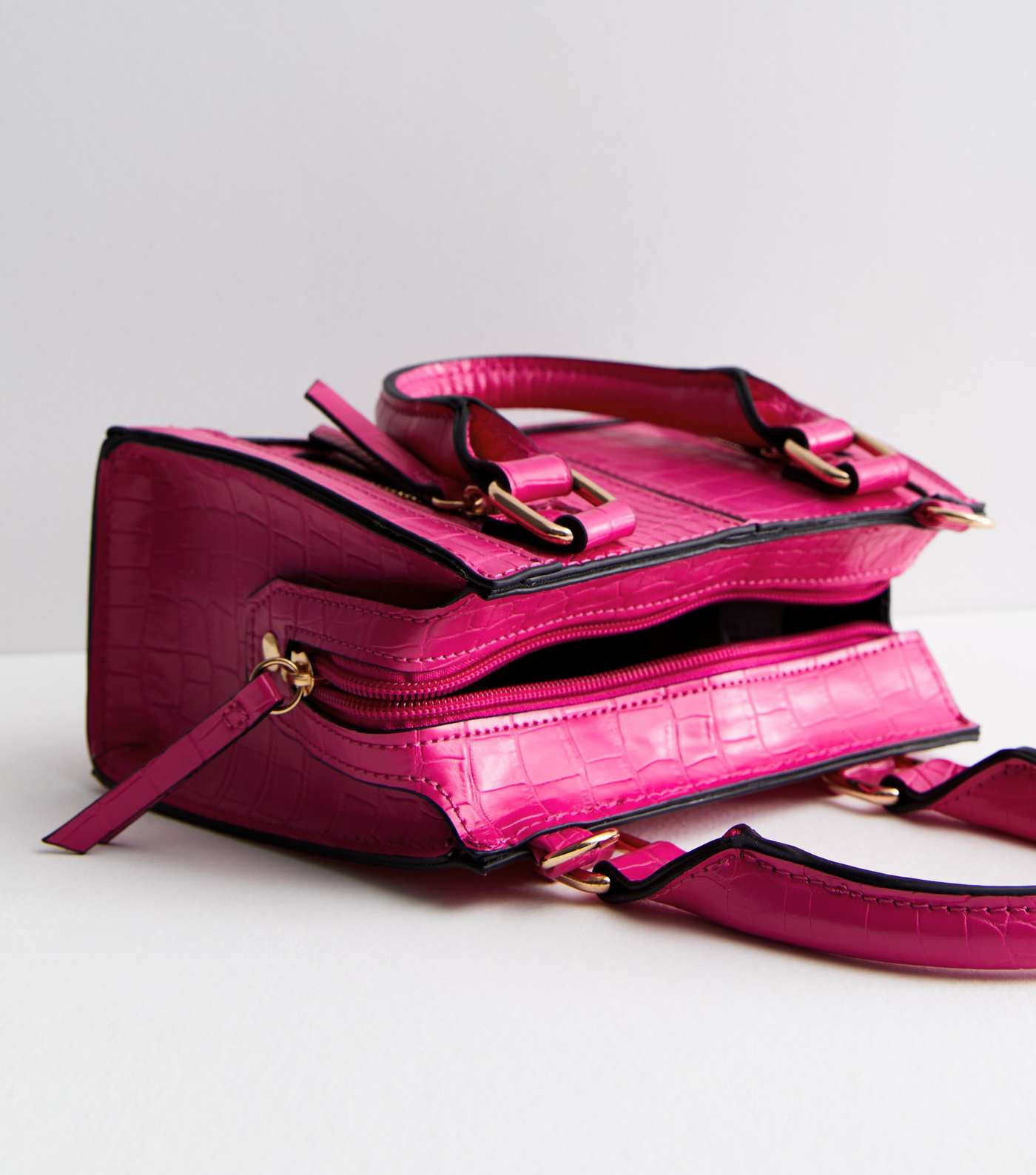 Bright Pink Faux Croc Zip Front Cross Body Bag Image 4