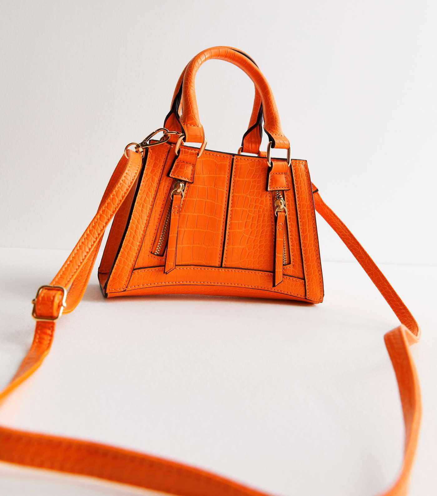 Bright Orange Faux Croc Zip Front Cross Body Bag Image 2