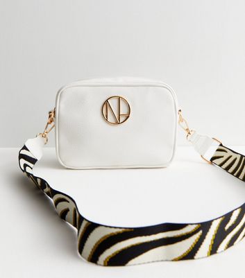 White Leather-Look NL Logo Webbed Shoulder Strap Cross Body Bag