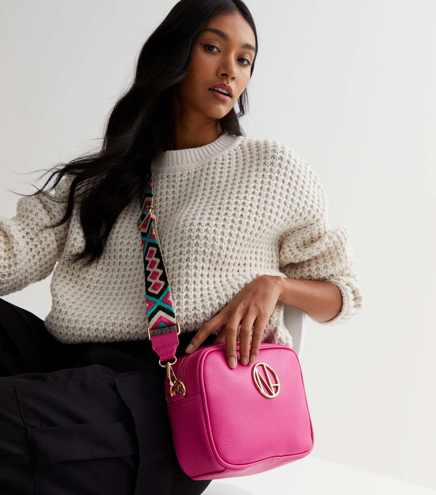 Bright Pink Leather-Look Logo Webbed Cross Body Bag
