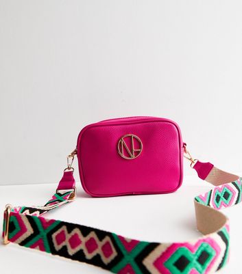 Bright Pink Leather-Look Logo Webbed Cross Body Bag | New Look