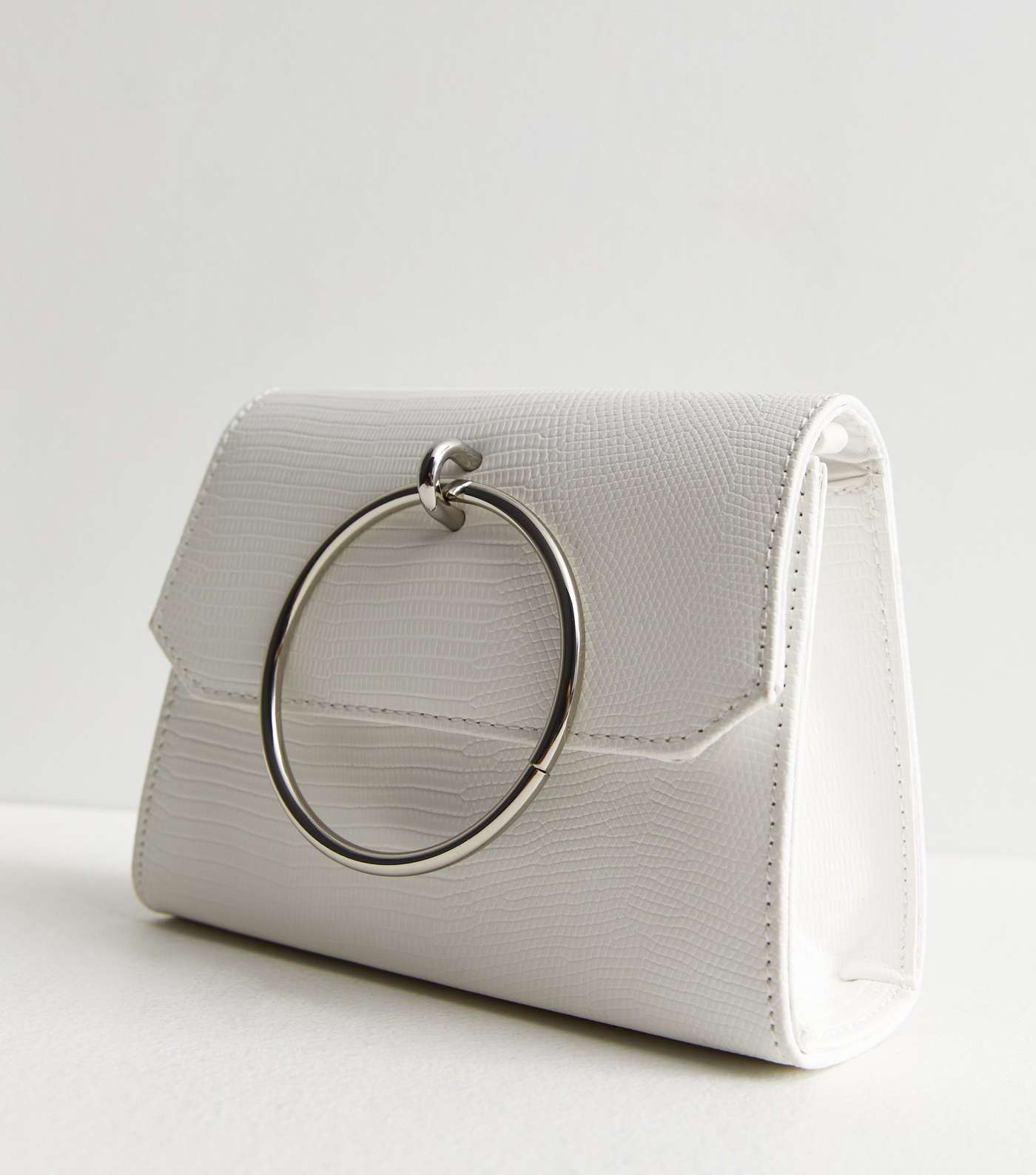 White Faux Croc Ring Chain Clutch Bag Image 3