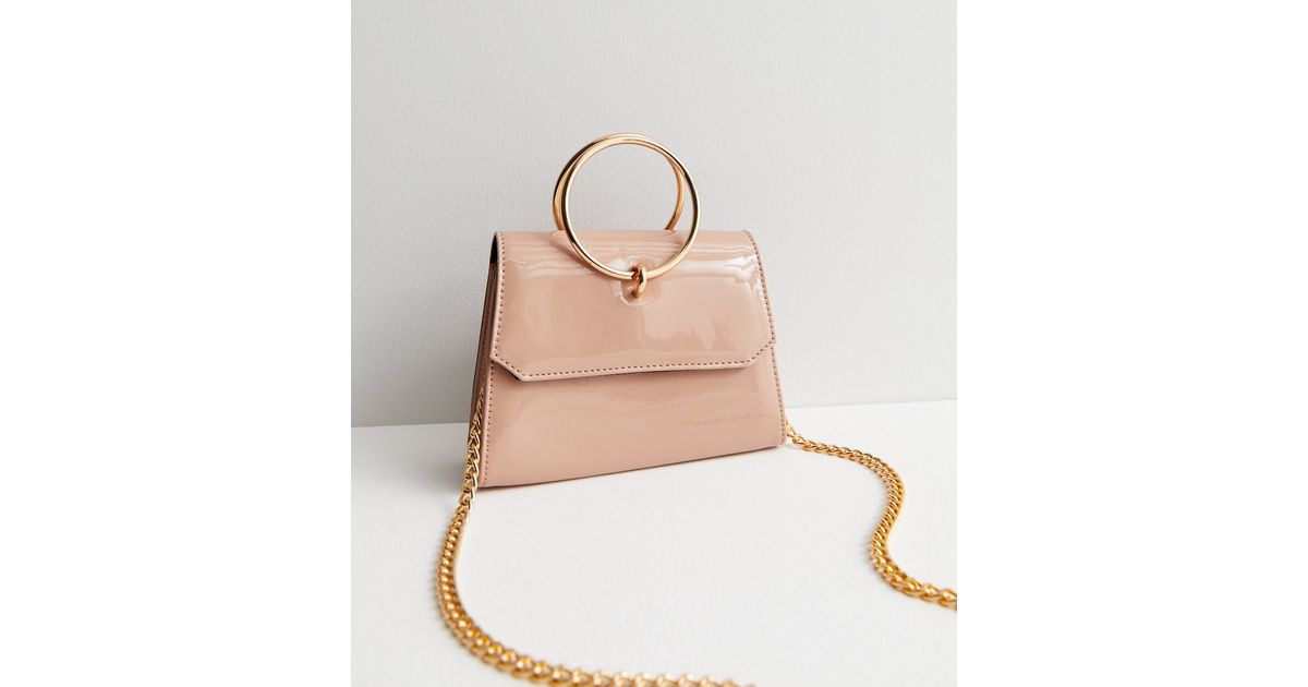 Pale Pink Patent Ring Chain Clutch Bag New Look